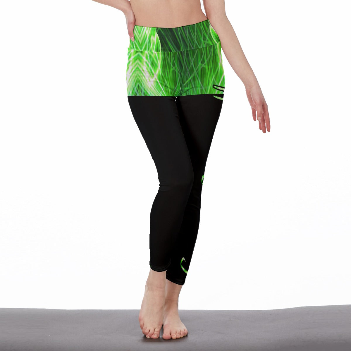 Officially Sexy Neon Green Laser Hearts High Waist Black Booty Popper Leggings With (English) 1 Front