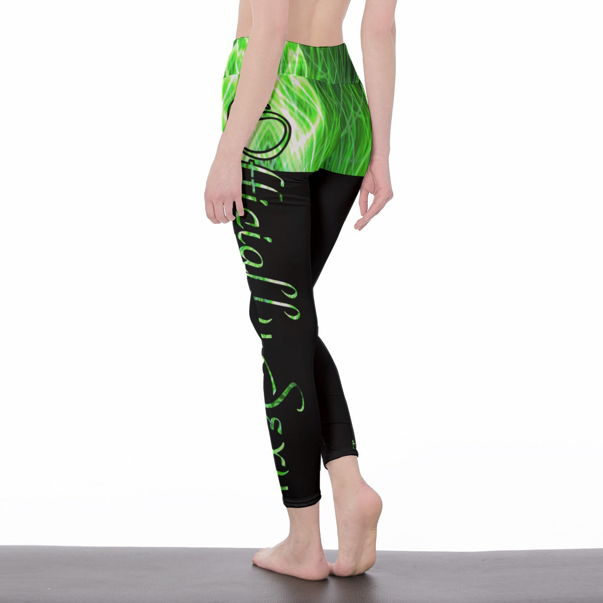Officially Sexy Neon Green Laser Hearts High Waist Black Booty Popper Leggings With (English) 3 Left Leg