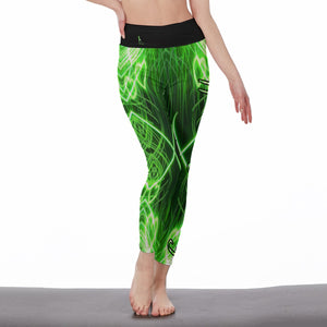 Officially Sexy Neon Green Laser Hearts High Waist Leggings Black Waistband (English) 1 Front