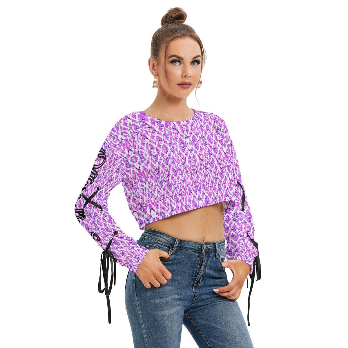 Officially Sexy Pink Stitched FHC Women's Long Sleeve Cropped Sweatshirt With Lace up Sleeves Right