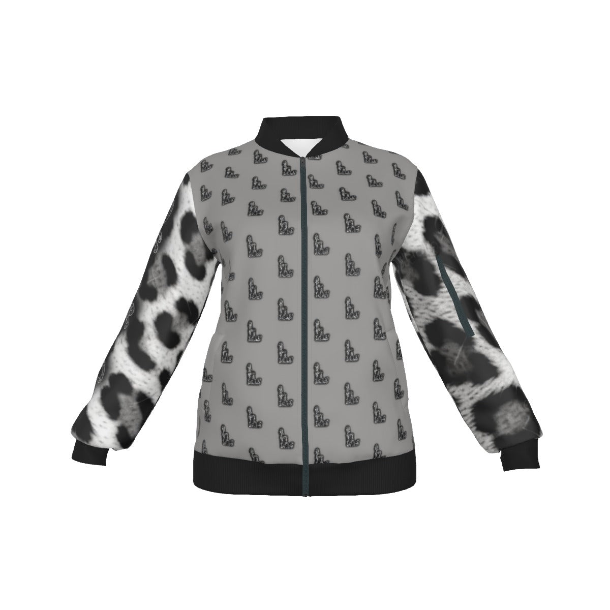 Officially Sexy Snow Leopard Collection Women's Grey Girl OS Logo All OverJacket With Large Print Sleeves And Logo On Back (English) #7 1