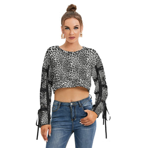 Officially Sexy Snow Leopard Print Collection Women's AOLP Black Arm Pattern Cropped Sweatshirt With Long Lace up Sleeves (English) 1