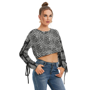 Officially Sexy Snow Leopard Print Collection Women's AOLP Black Arm Pattern Cropped Sweatshirt With Long Lace up Sleeves (English) 2