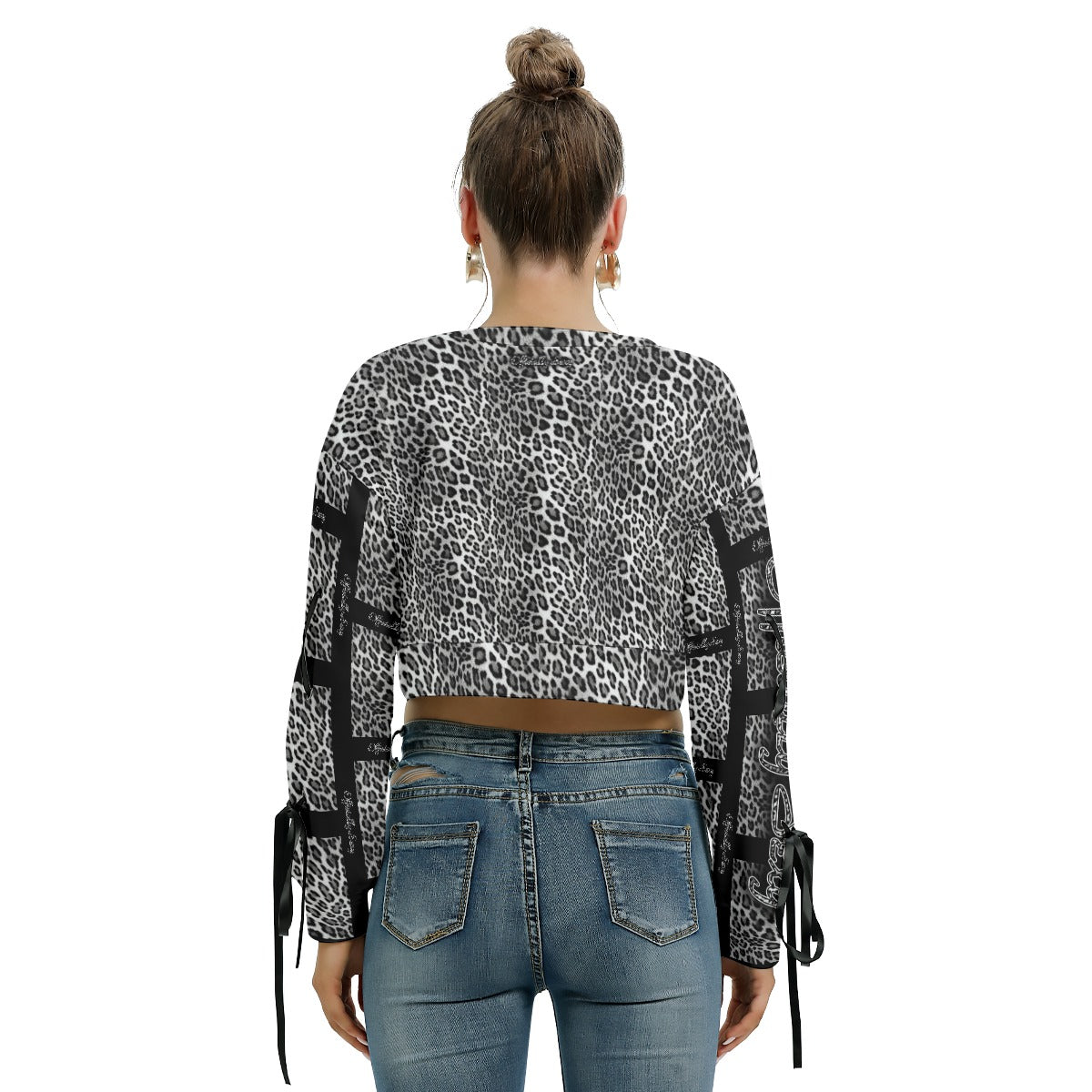 Officially Sexy Snow Leopard Print Collection Women's AOLP Black Arm Pattern Cropped Sweatshirt With Long Lace up Sleeves (English) 3
