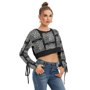 Officially Sexy Snow Leopard Print Collection Women's AOLP Black Pattern Cropped Sweatshirt With Long Lace up Sleeves (English) 2
