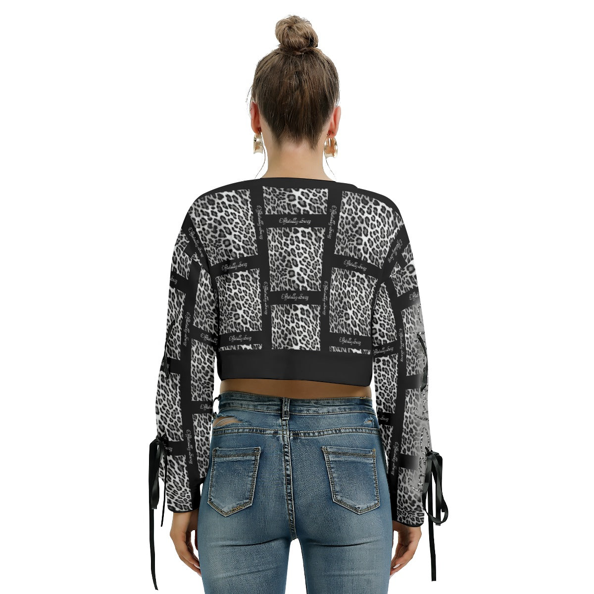 Officially Sexy Snow Leopard Print Collection Women's AOLP Black Pattern Cropped Sweatshirt With Long Lace up Sleeves (English) 3