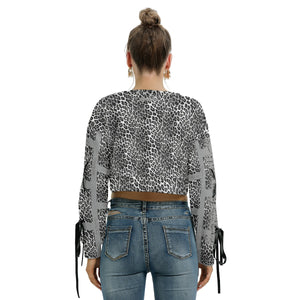 Officially Sexy Snow Leopard Print Collection Women's AOLP Grey Arm Pattern Cropped Sweatshirt With Long Lace up Sleeves (English) 3