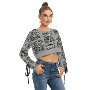 Officially Sexy Snow Leopard Print Collection Women's AOLP Grey Pattern Cropped Sweatshirt With Long Lace up Sleeves (English) 2