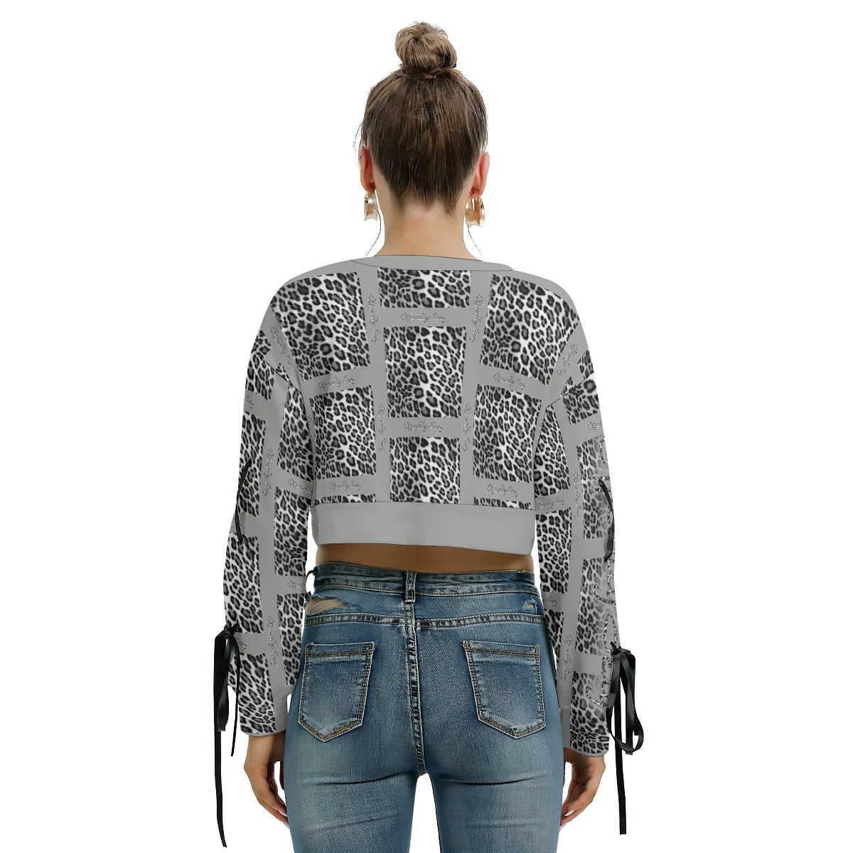 Officially Sexy Snow Leopard Print Collection Women's AOLP Grey Pattern Cropped Sweatshirt With Long Lace up Sleeves (English) 3