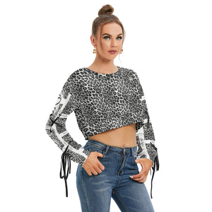 Officially Sexy Snow Leopard Print Collection Women's AOLP White Arm Pattern Cropped Sweatshirt With Long Lace up Sleeves (English) 2