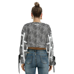 Officially Sexy Snow Leopard Print Collection Women's AOLP White Arm Pattern Cropped Sweatshirt With Long Lace up Sleeves (English) 3