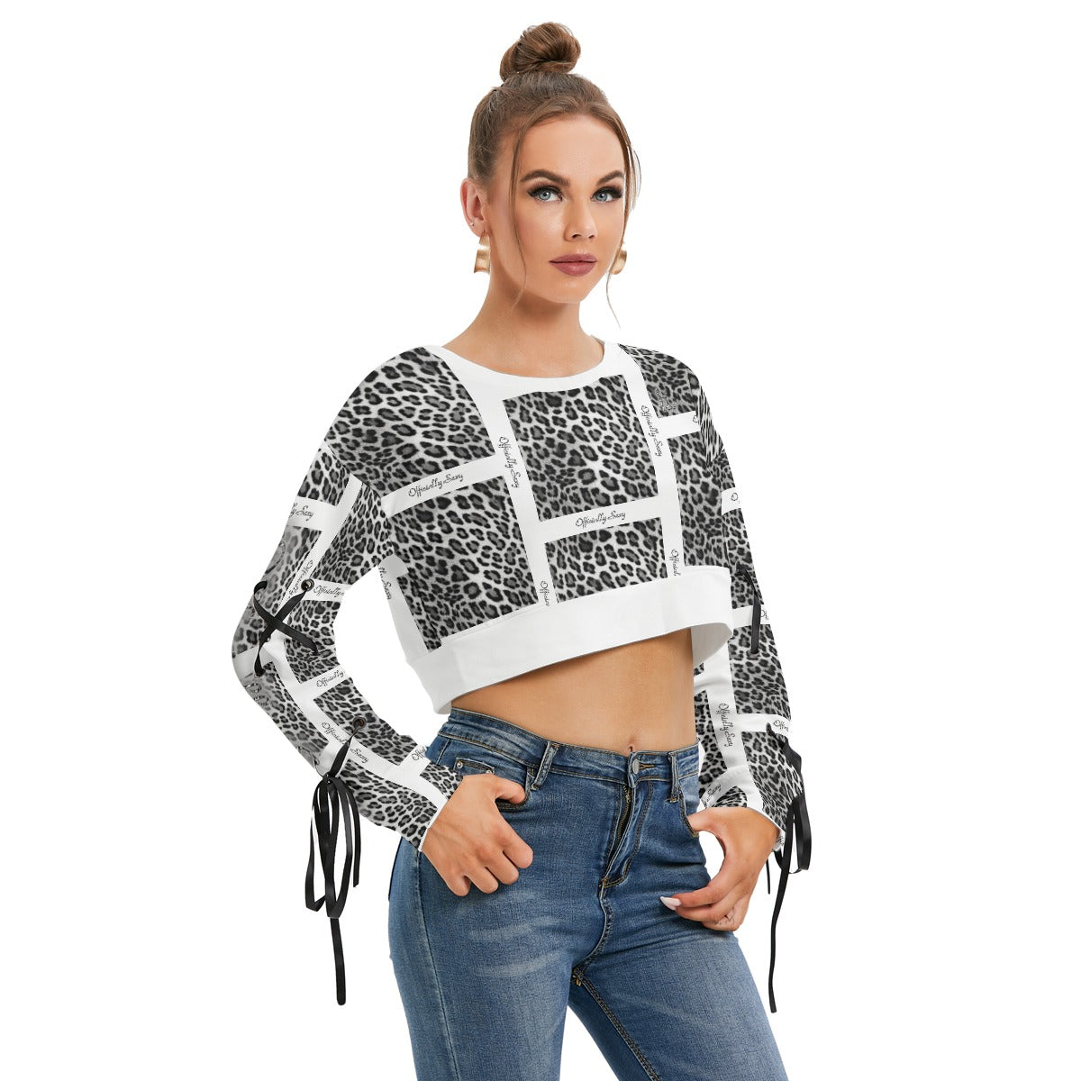 Officially Sexy Snow Leopard Print Collection Women's AOLP White Pattern Cropped Sweatshirt With Long Lace up Sleeves (English) 2