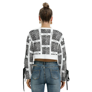 Officially Sexy Snow Leopard Print Collection Women's AOLP White Pattern Cropped Sweatshirt With Long Lace up Sleeves (English) 3