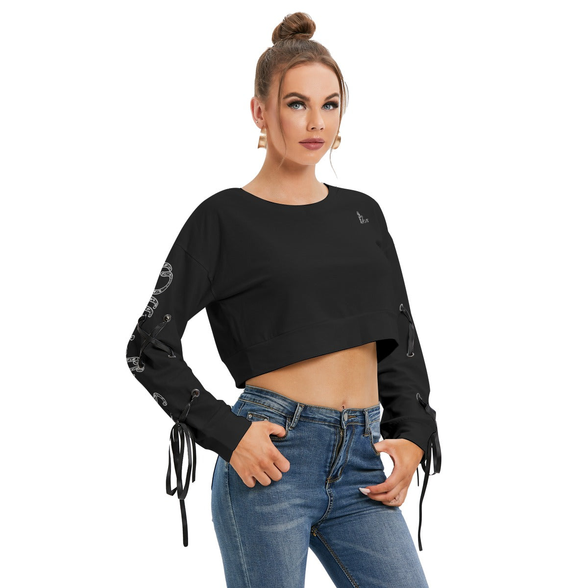 Officially Sexy Snow Leopard Print Collection Women's Cropped Sweatshirt With Long Lace up Sleeves (English)