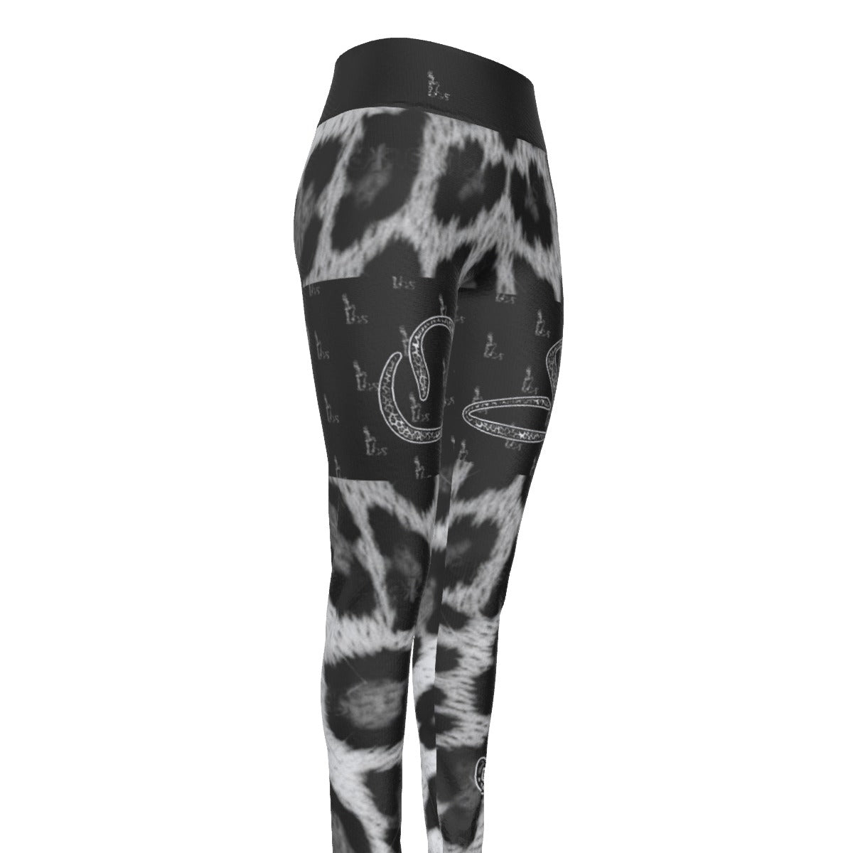 Officially Sexy Snow Leopard Print Collection Women's Black High Waist Thigh High Booty Popper Leggings #2 Front And Back (English) 2