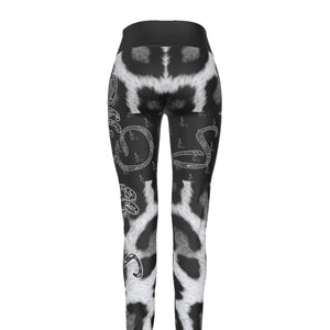 Officially Sexy Snow Leopard Print Collection Women's Black High Waist Thigh High Booty Popper Leggings #2 Front And Back (English) 3