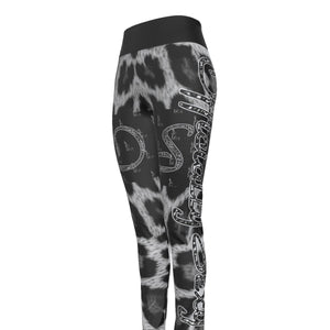 Officially Sexy Snow Leopard Print Collection Women's Black High Waist Thigh High Booty Popper Leggings #2 Front And Back (English) 4