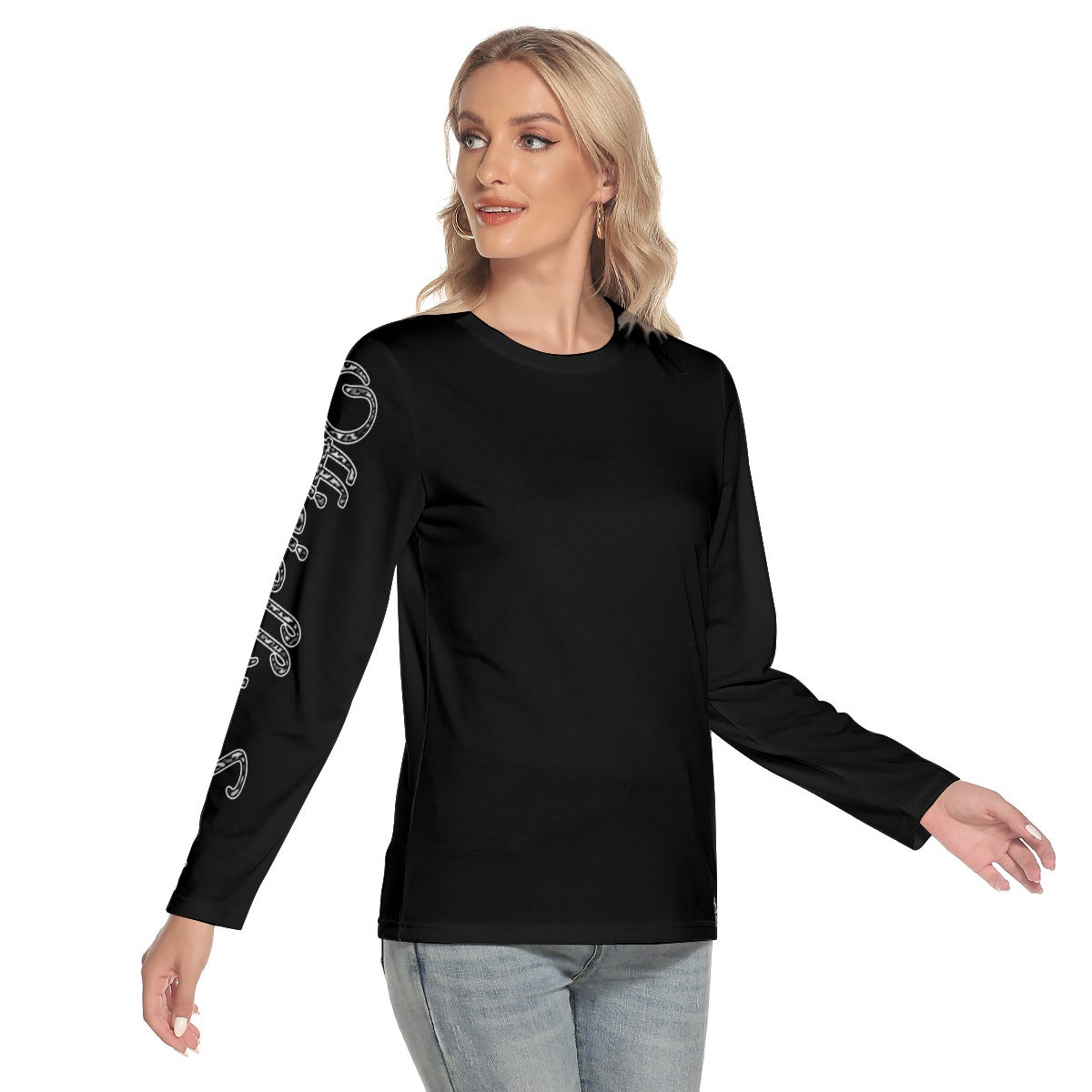 Officially Sexy Snow Leopard Print Collection Women's Black O-neck Long Sleeve T-shirt (English) 2