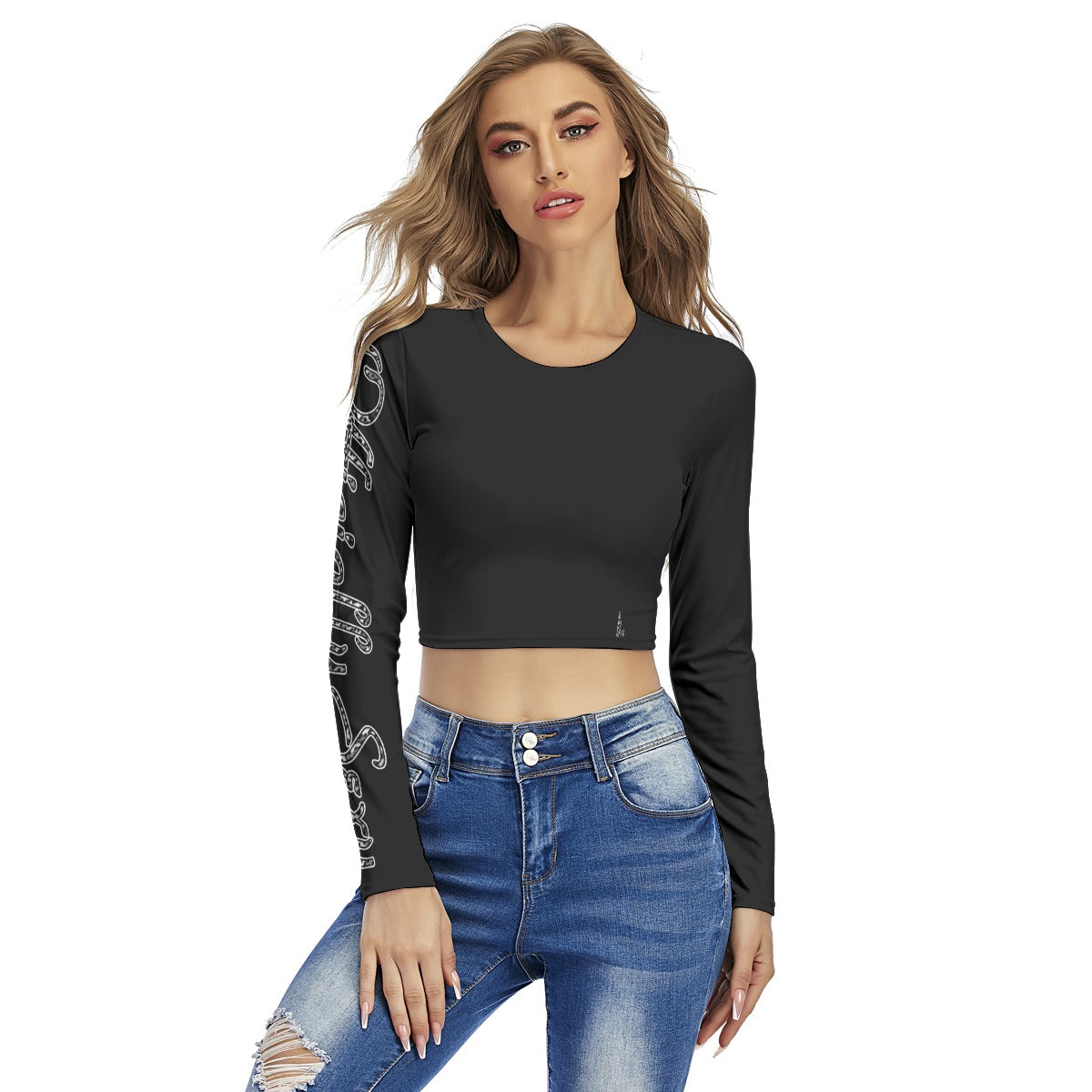 Officially Sexy Snow Leopard Print Collection Women's Black Round Neck Crop Top Long Sleeve T-Shirt (English) 1