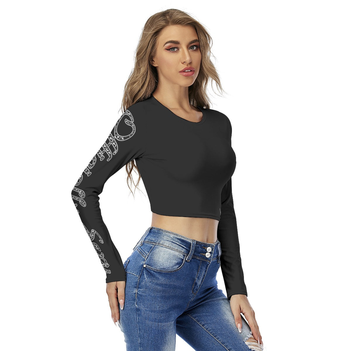 Officially Sexy Snow Leopard Print Collection Women's Black Round Neck Crop Top Long Sleeve T-Shirt (English) 2