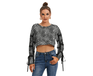 Officially Sexy Snow Leopard Print Collection Women's AOLP With Arm Pattern Cropped Sweatshirt With Long Lace up Sleeves (English)