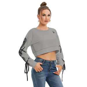 Officially Sexy Snow Leopard Print Collection Women's Cropped Sweatshirt With Long Lace up Sleeves (English)