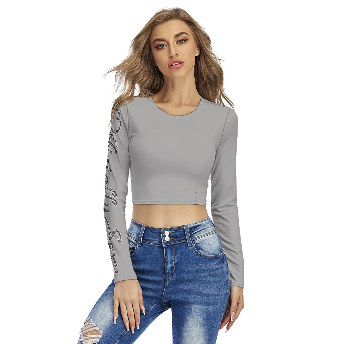 Officially Sexy Snow Leopard Print Collection Women's Grey Round Neck Crop Top Long Sleeve T-Shirt (English) 1