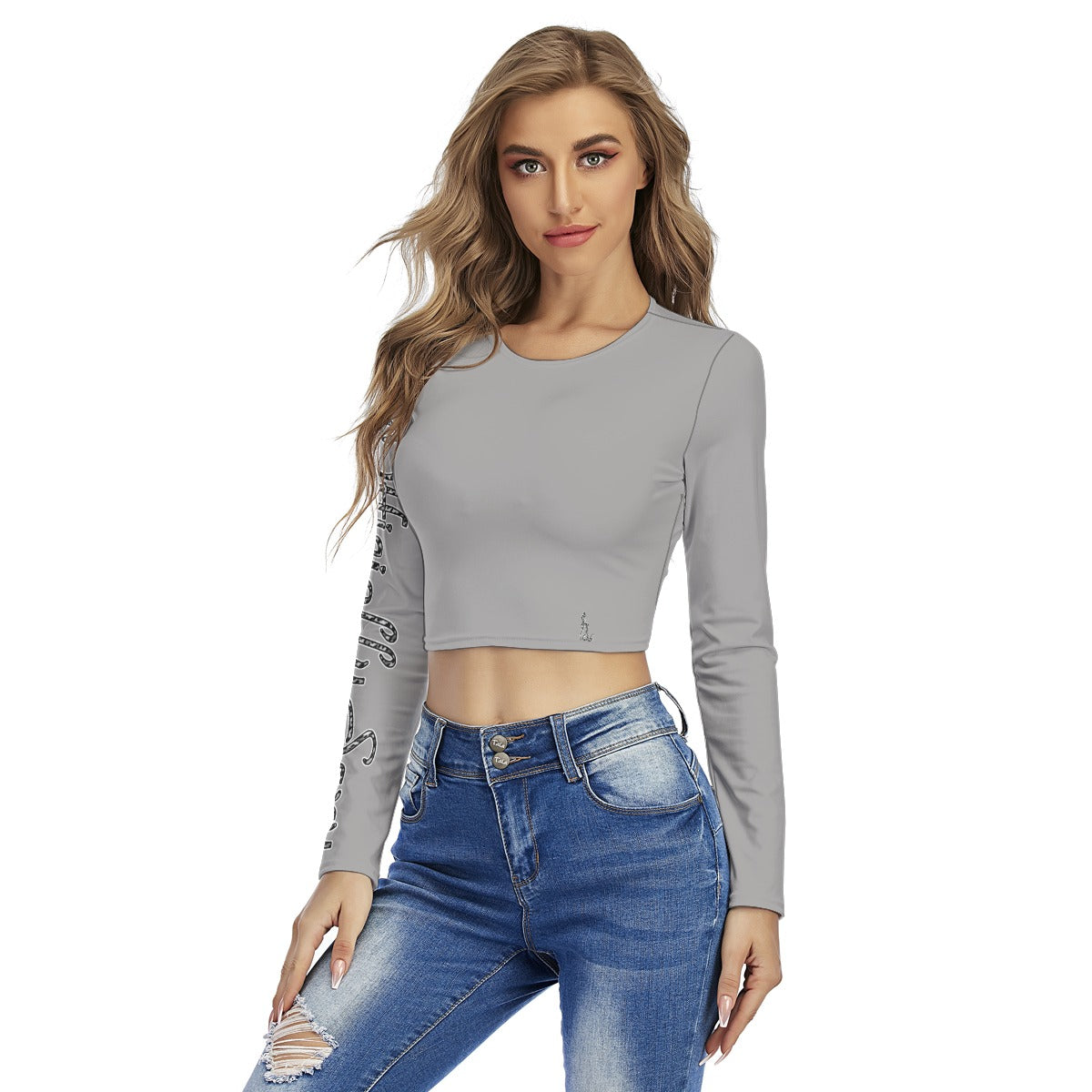 Officially Sexy Snow Leopard Print Collection Women's Grey Round Neck Crop Top Long Sleeve T-Shirt (English) 4