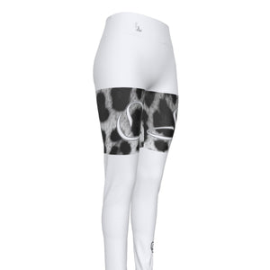 Officially Sexy Snow Leopard Print Collection Women's White High Waist Thigh High Booty Popper Leggings #2 With OS On Front Thighs Only (English) 2