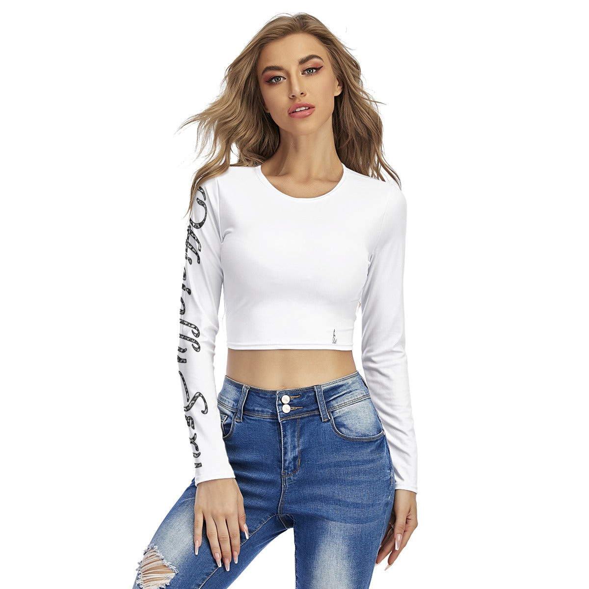 Officially Sexy Snow Leopard Print Collection Women's White Round Neck Crop Top Long Sleeve T-Shirt (English) 1