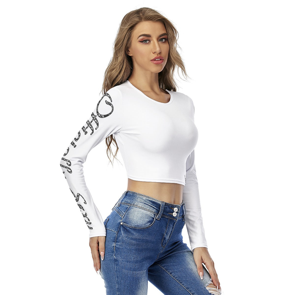 Officially Sexy Snow Leopard Print Collection Women's White Round Neck Crop Top Long Sleeve T-Shirt (English) 2