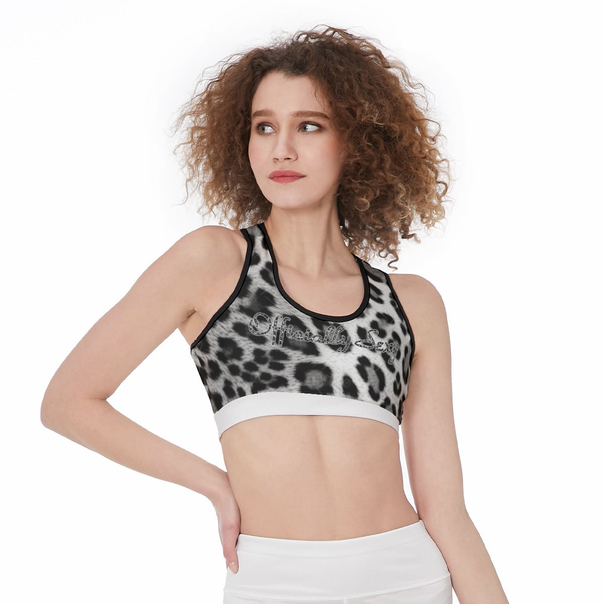 Officially Sexy Snow Leopard Print Collection Sports Bra White Waistband 1