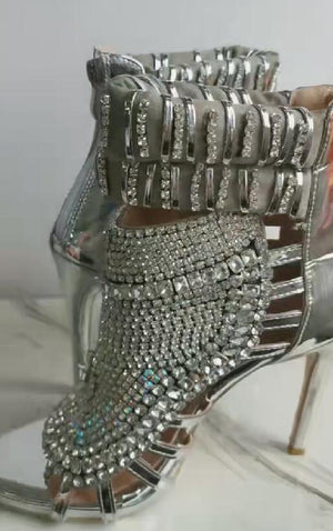 "Glitter Crystal Stiletto Rhinestone Sandals: Ankle Wrap, Totem Design, Sexy Fashion Dress Shoes"