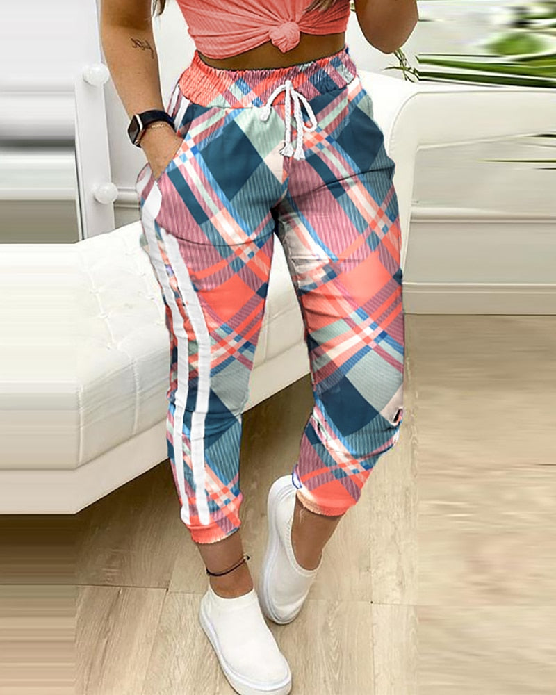 Women's Casual Color-block Plaid Print Cargo Pants