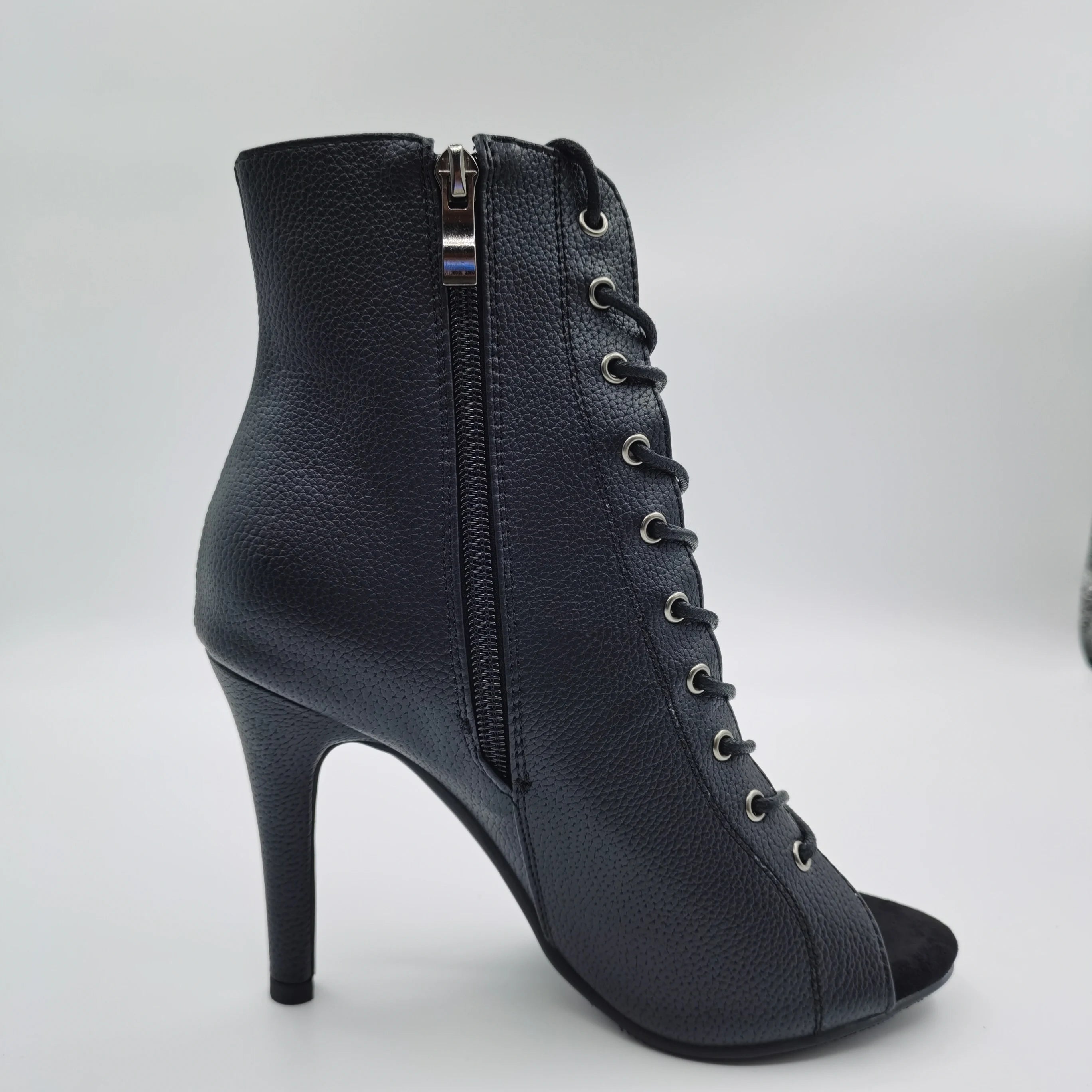 Women’s PU Leather Open Toe Zip-Up Lace-Up High Heel Ankle Boots