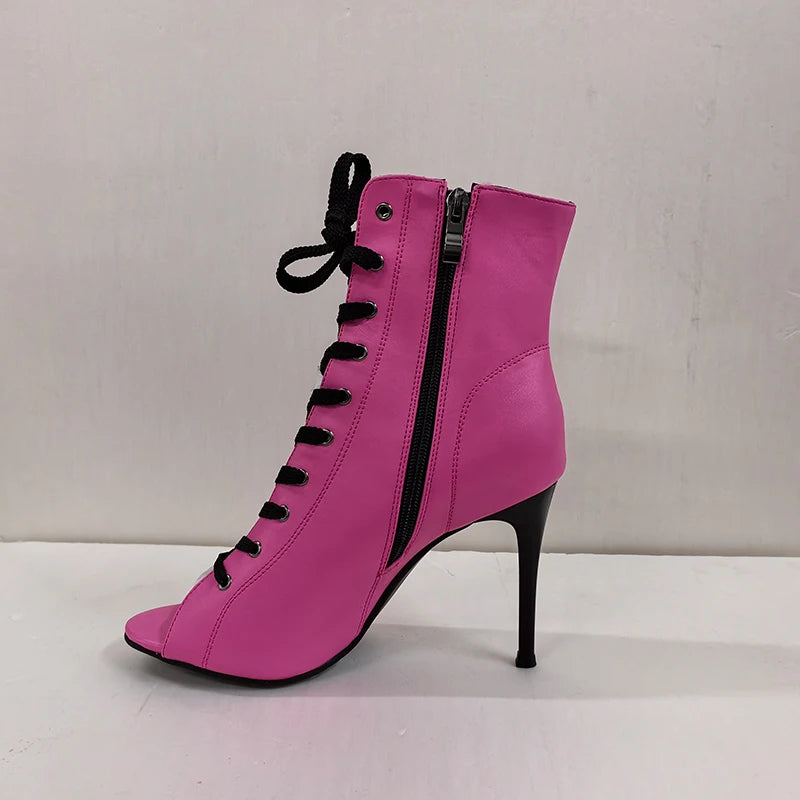 Women’s PU Leather Open Toe Zip-Up Lace-Up High Heel Ankle Boots
