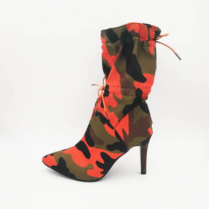 Orange Army Fatigue Camouflage Pointed Toe Mid Calf Sexy High Heel Stiletto Boots