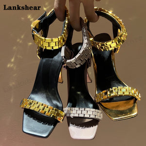 Women's Luxury Metal Watch Chain High Heel Runway Sandals