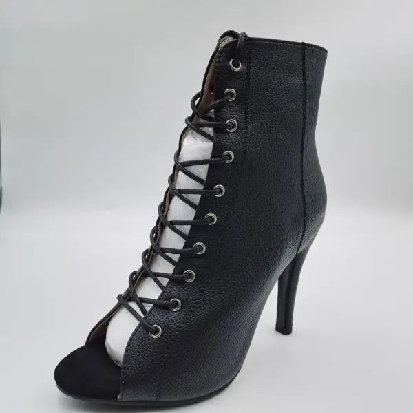 Women’s PU Leather Open Toe Zip-Up Lace-Up High Heel Ankle Boots