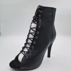 Women’s PU Leather Open Toe Zip-Up Lace-Up High Heel Ankle Boots