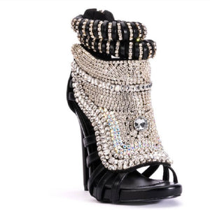 "Glitter Crystal Stiletto Rhinestone Sandals: Ankle Wrap, Totem Design, Sexy Fashion Dress Shoes"