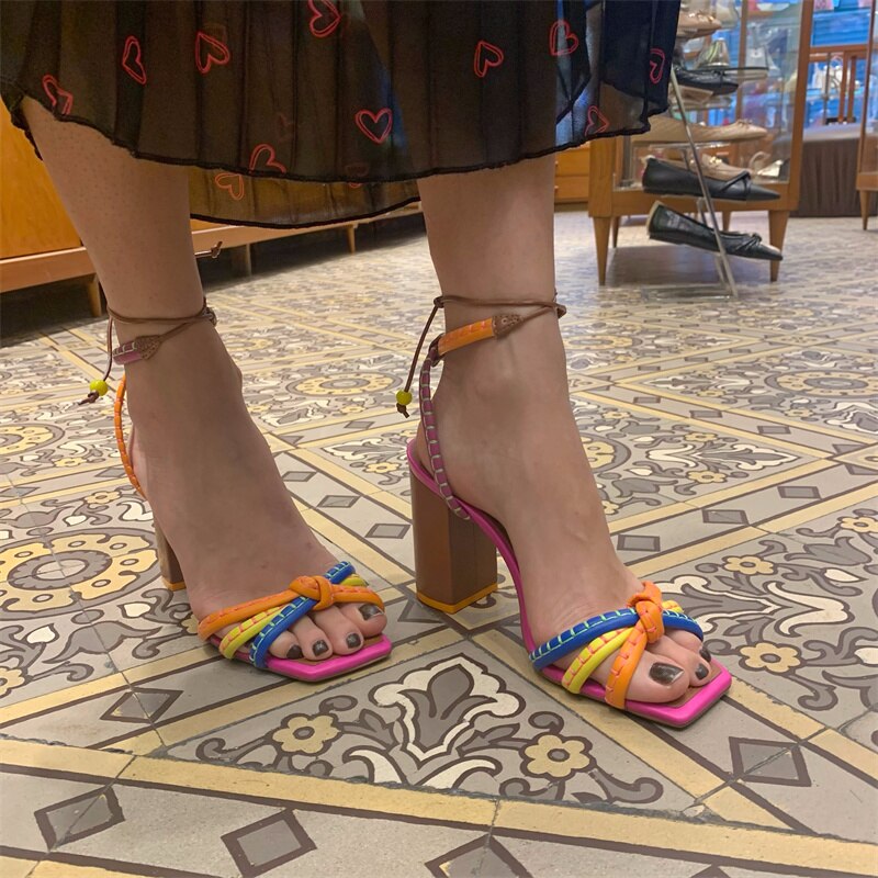 Women's Luxury Twist Woven Color Blocking Thick High Heel Sandals