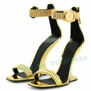 Women's Elegant Gold Metallic Luxury Watch High Heels Shoes