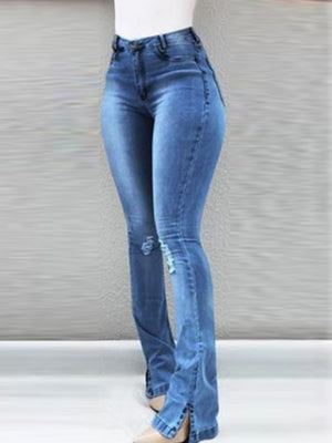 Women's High Waist Ripped Bell-Bottom Denim Jeans