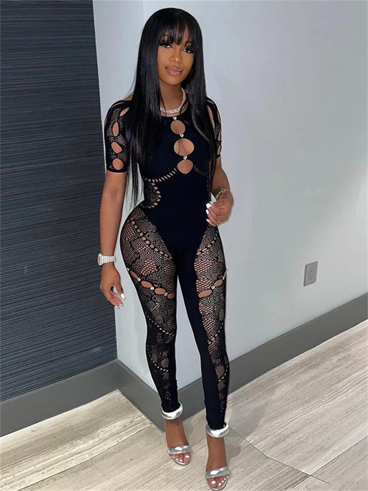 Women’s Sexy See Through Bodycon Jumpsuit Overalls