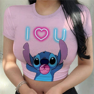 Sexy Cute Kawaii Print Women's Party Stitch Summer Tight Crop Top Slim Fit T Shirt