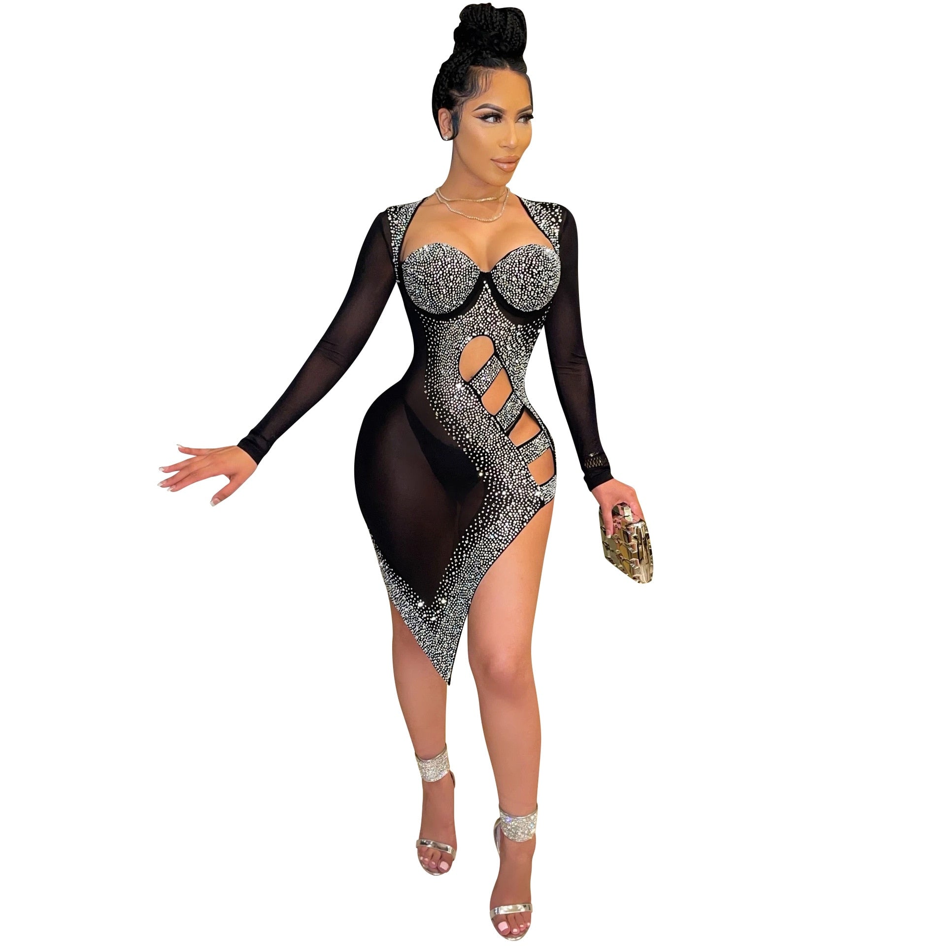 Women's Sexy Rhinestone Mesh See Though Bodycon Lace Up Side Slit Thigh Midi Dresses