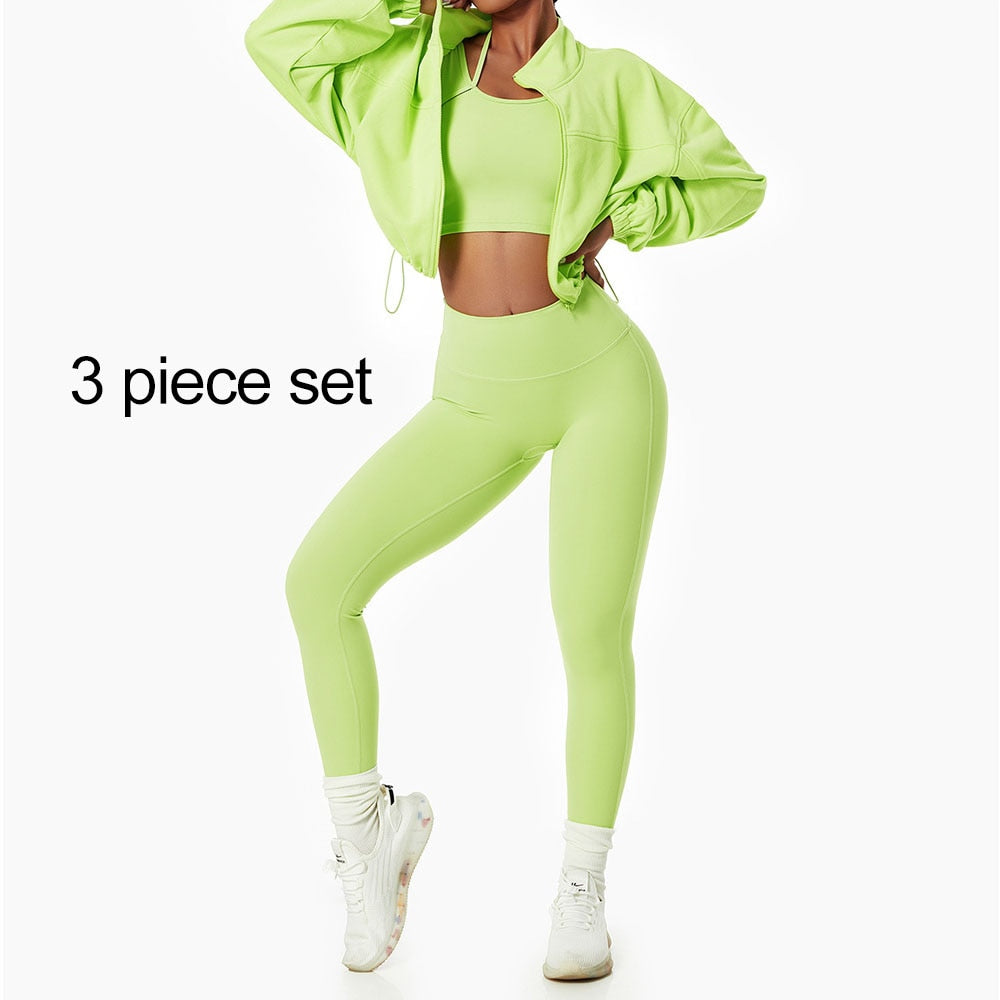 Women's Solid Color Sports 3 Piece Workout / Gym Set Crop Top, High Waist Yoga Leggings, & Zip Up Jacket