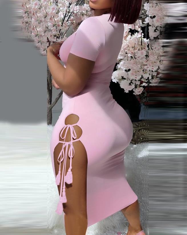 Sexy Women's Pink Split Thigh 2 Piece Skirt Set