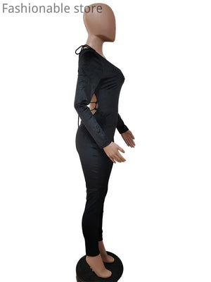 Women Sexy Velvet Lace-up Long Sleeve Backless Skinny Jumpsuit